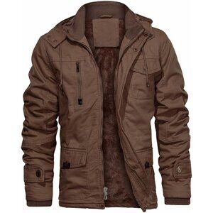 Mens Brown Thick Winter Jacket Hooded Fleece Lined Cotton Military Coat